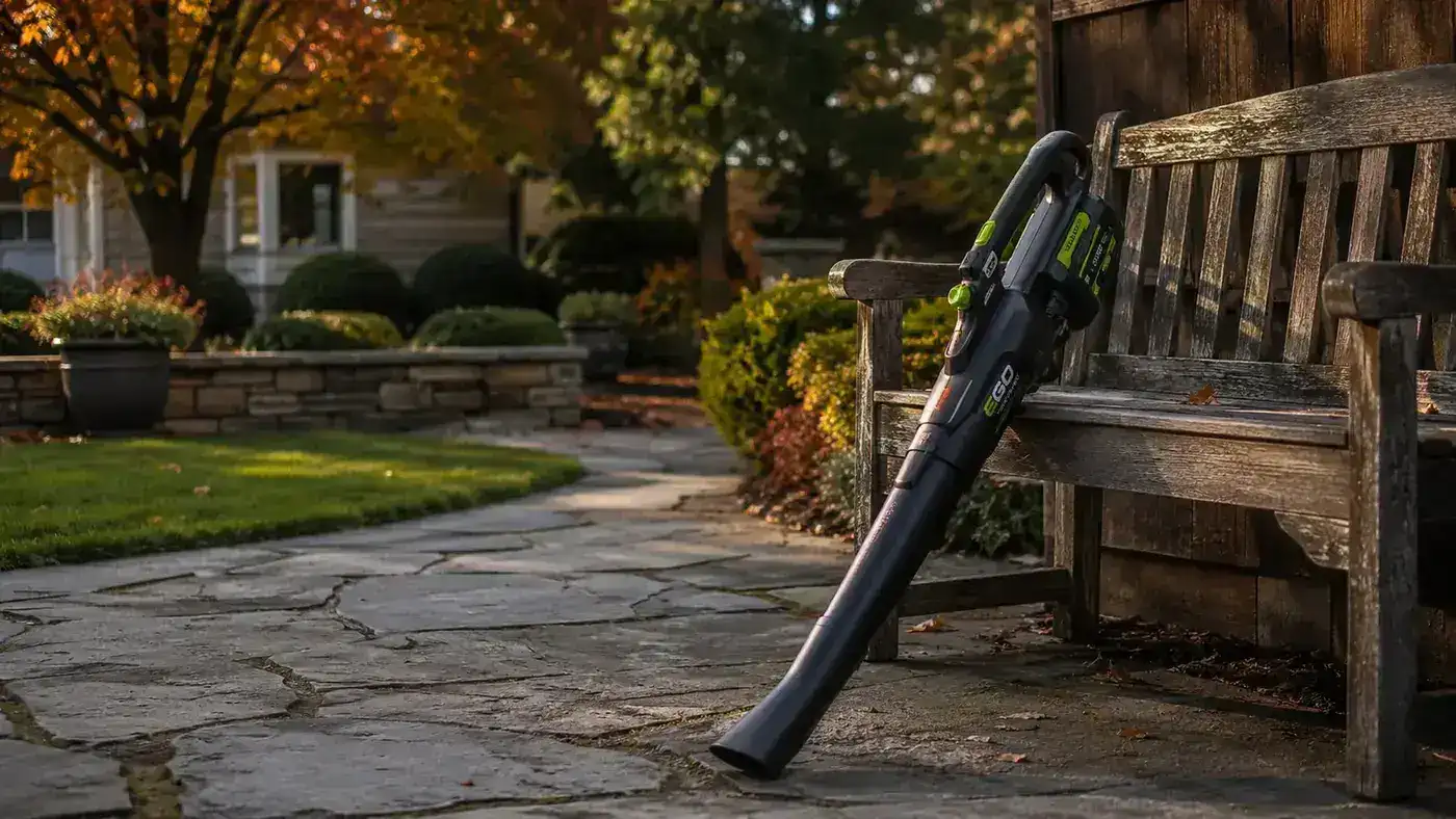Backyard scene in autumn, leaf-free patio and walkway, cordless blower resting against a garden bench