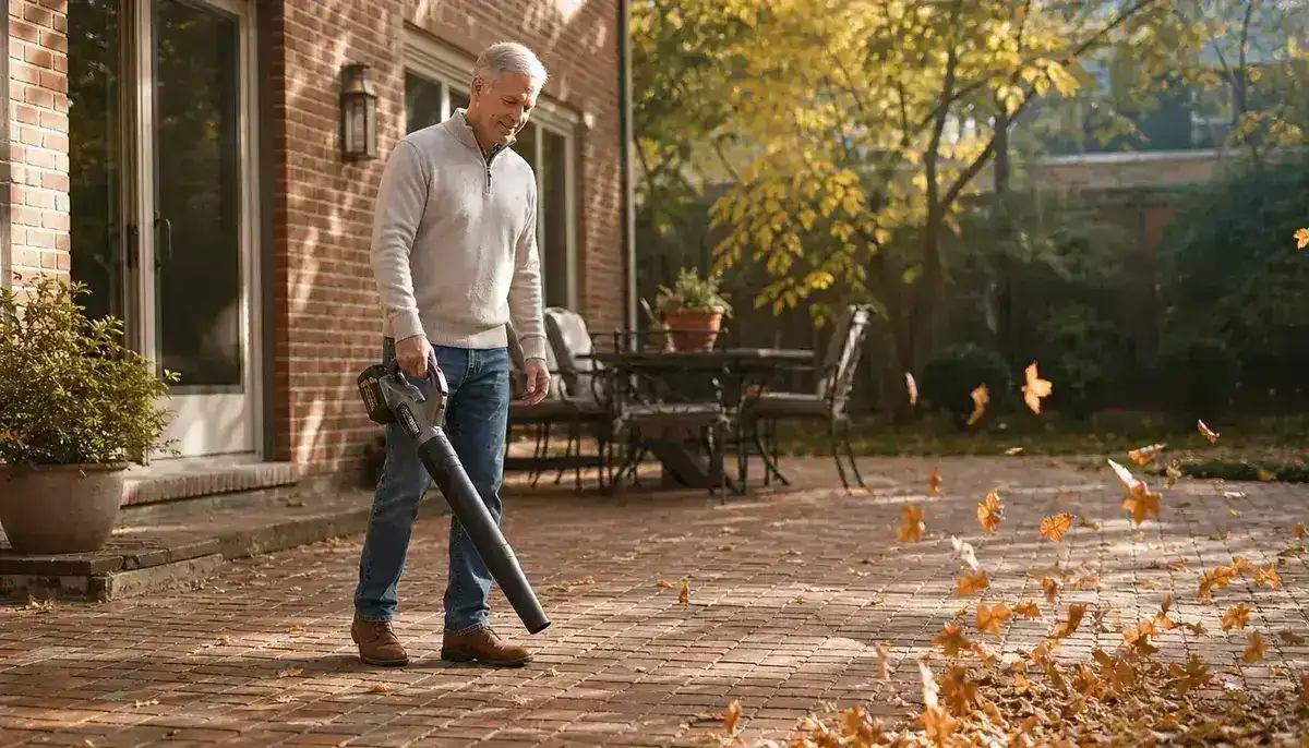 Older man holding a cordless leaf blower while clearing fall leaves from a brick patio, morning light, relaxed posture