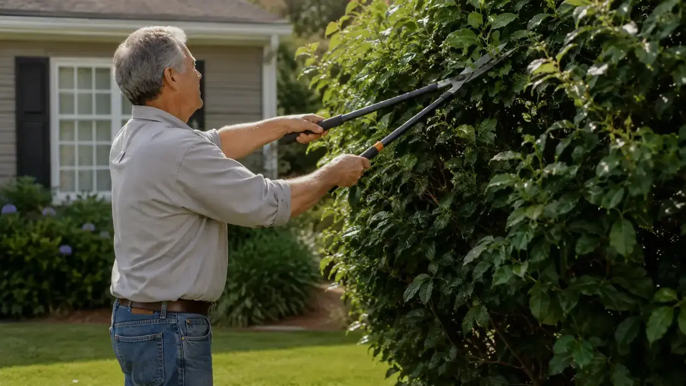 Older gardener pruning a shrub with long-handled loppers without bending or straining