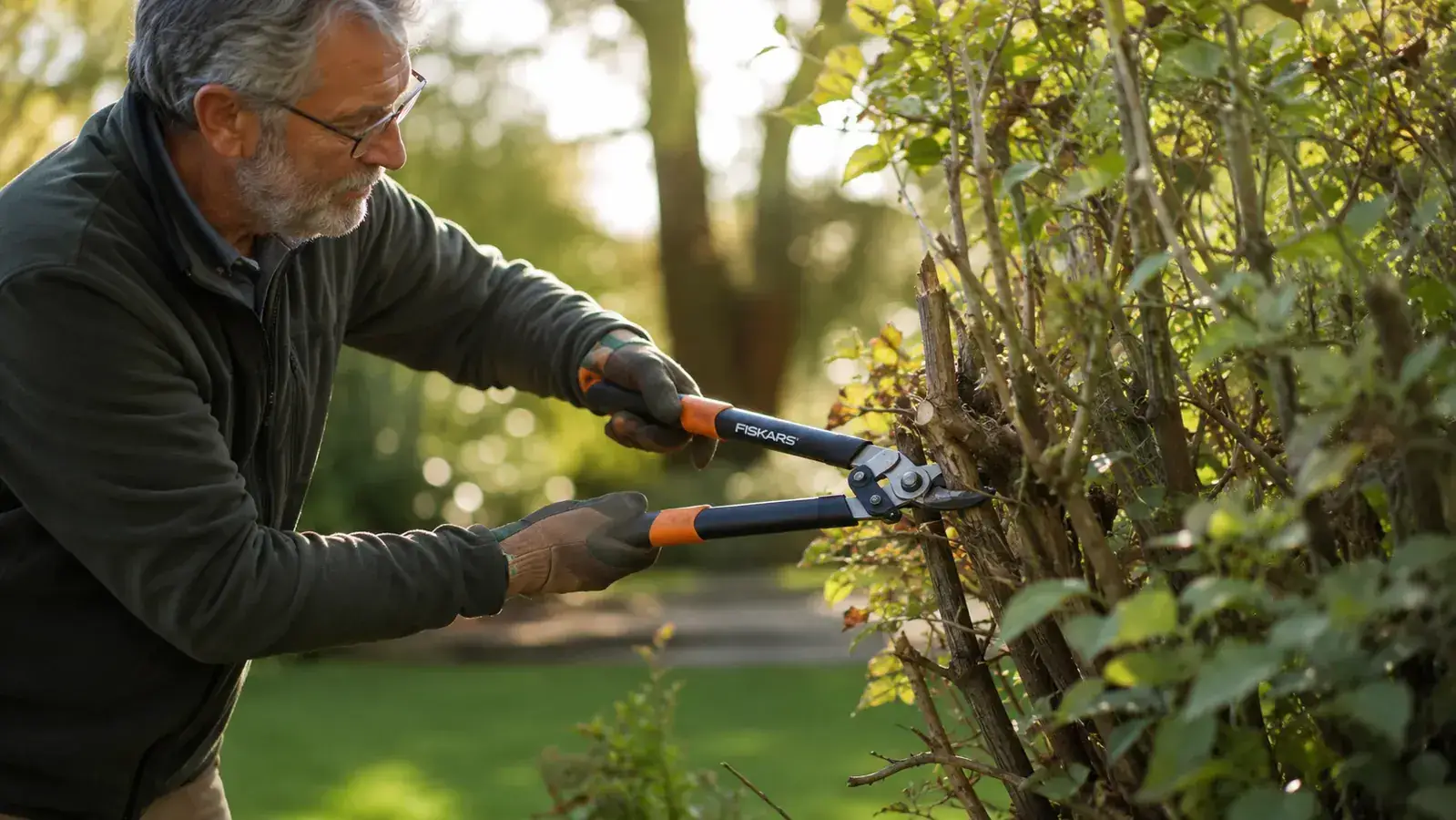 Gardener's gloved hands holding ratchet loppers over an overgrown shrub in a sunny backyard