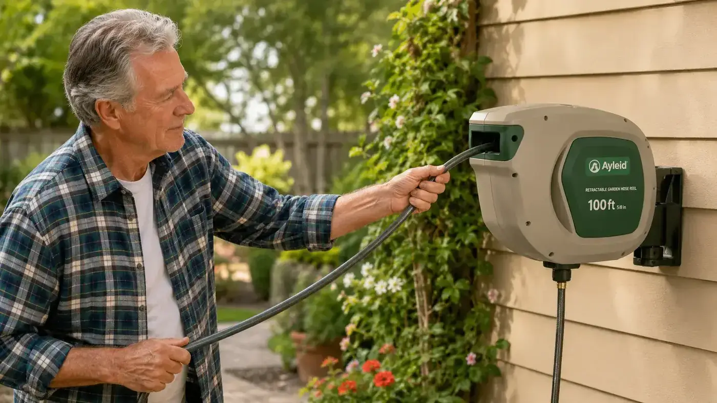 Older man pulling out hose from a wall-mounted reel, hose extends smoothly in a sunny backyard