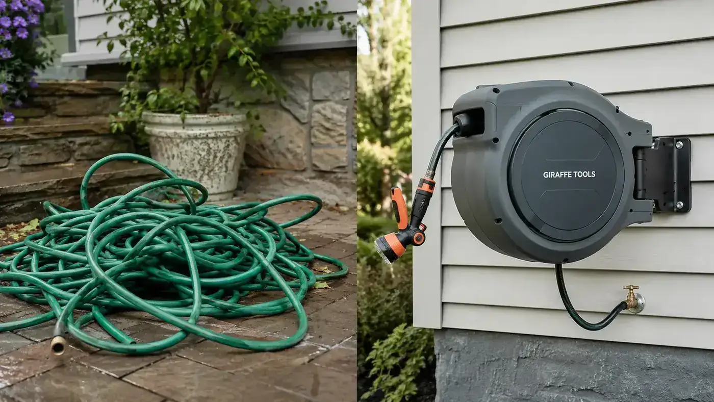 Tangled garden hose on the ground next to a neat wall-mounted reel showing the before-and-after contrast