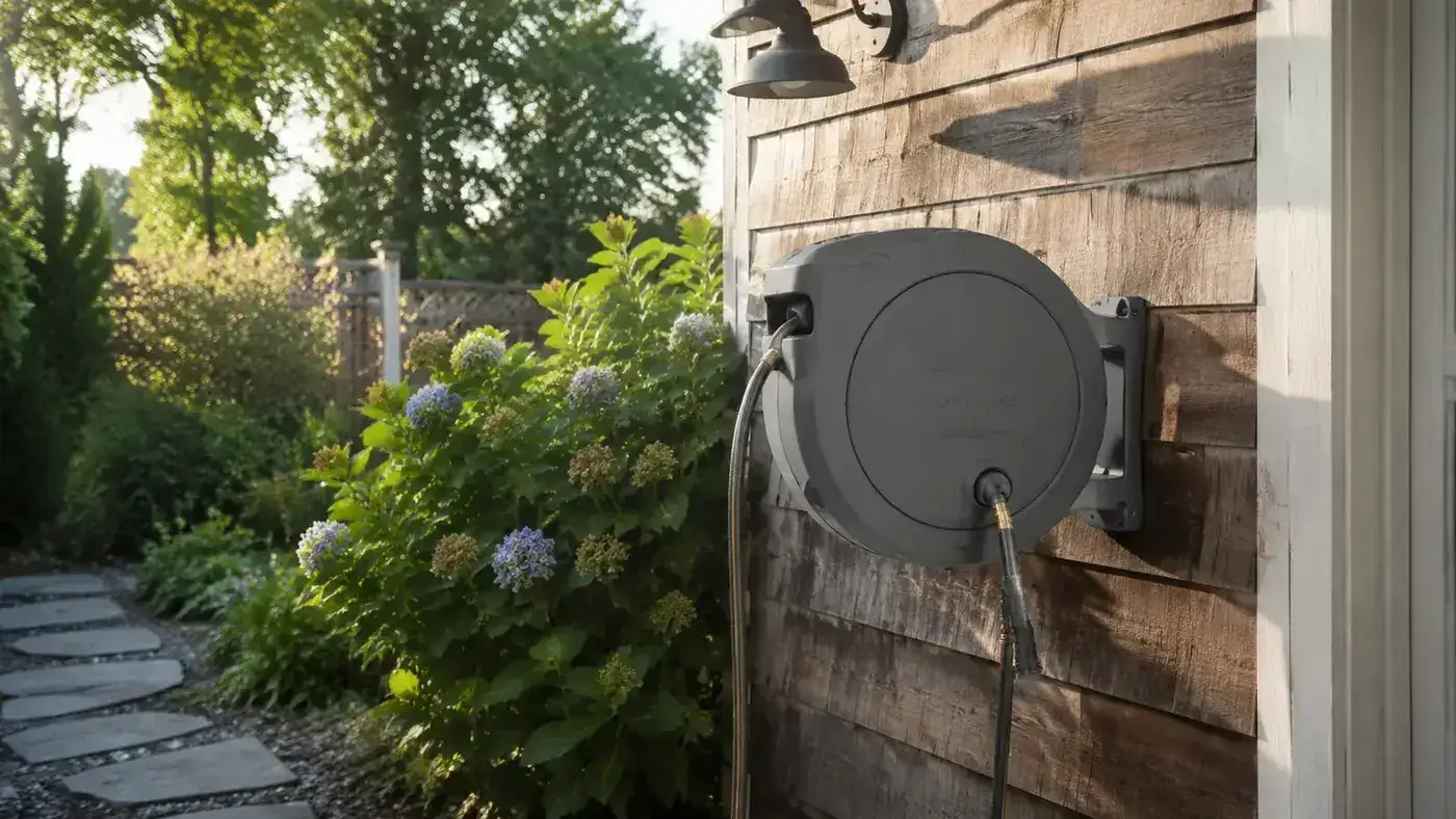 Wall-mounted retractable hose reel on a wood-sided garage wall with a green garden visible in the background