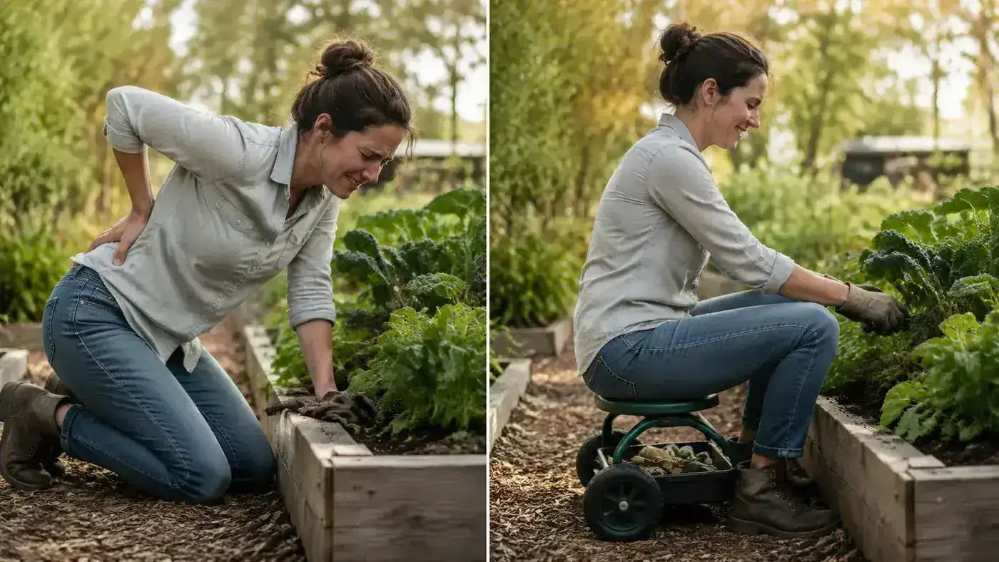 Side-by-side comparison showing a person kneeling on bare ground versus sitting comfortably on a rolling garden stool