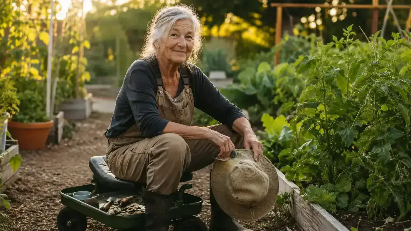 Older gardener sitting comfortably on a green rolling garden stool while weeding a raised bed in morning light