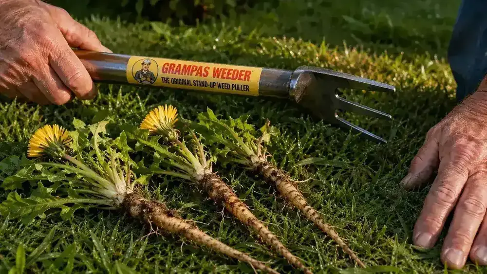 A handful of freshly pulled dandelions with full taproots intact lying on the grass next to the weeder claw head