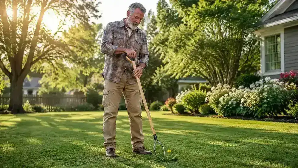 Older man standing upright in a sunny backyard lawn using a long-handled claw weeder to pull a dandelion without bending
