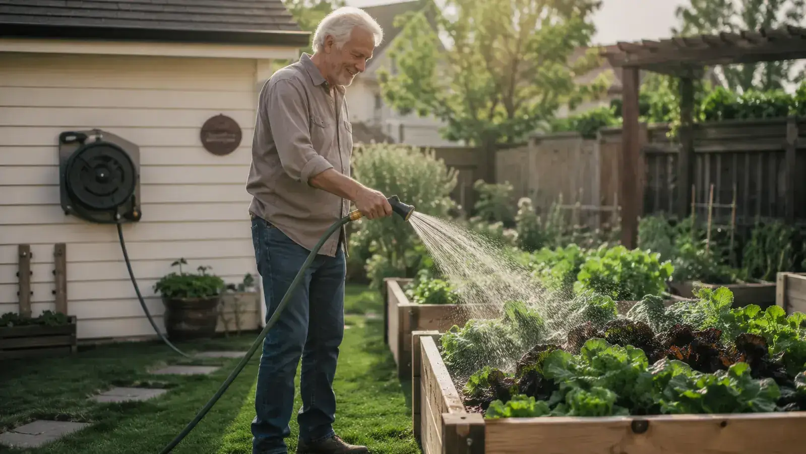 Older gardener watering raised vegetable beds with a retractable hose reel mounted to garage wall in background