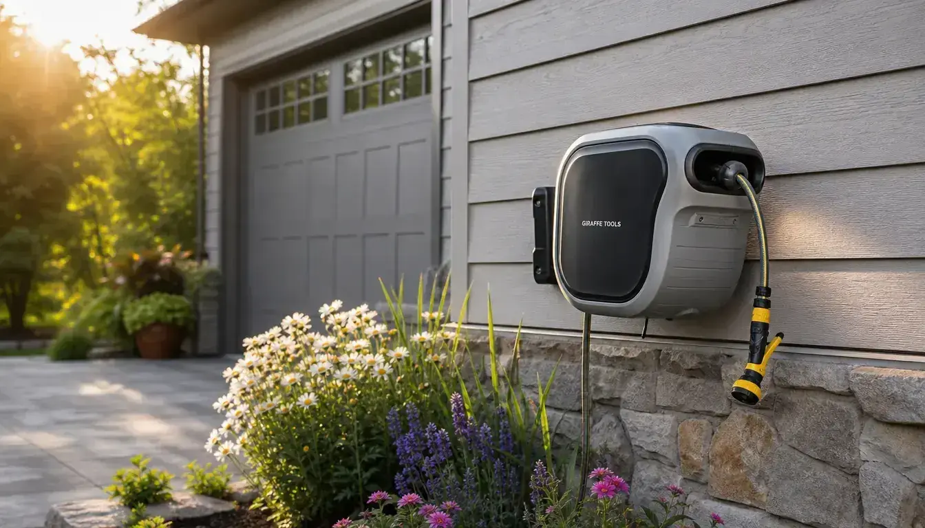 A wall-mounted retractable hose reel on a sunny garage exterior, green hose neatly stored, surrounded by a tidy garden bed