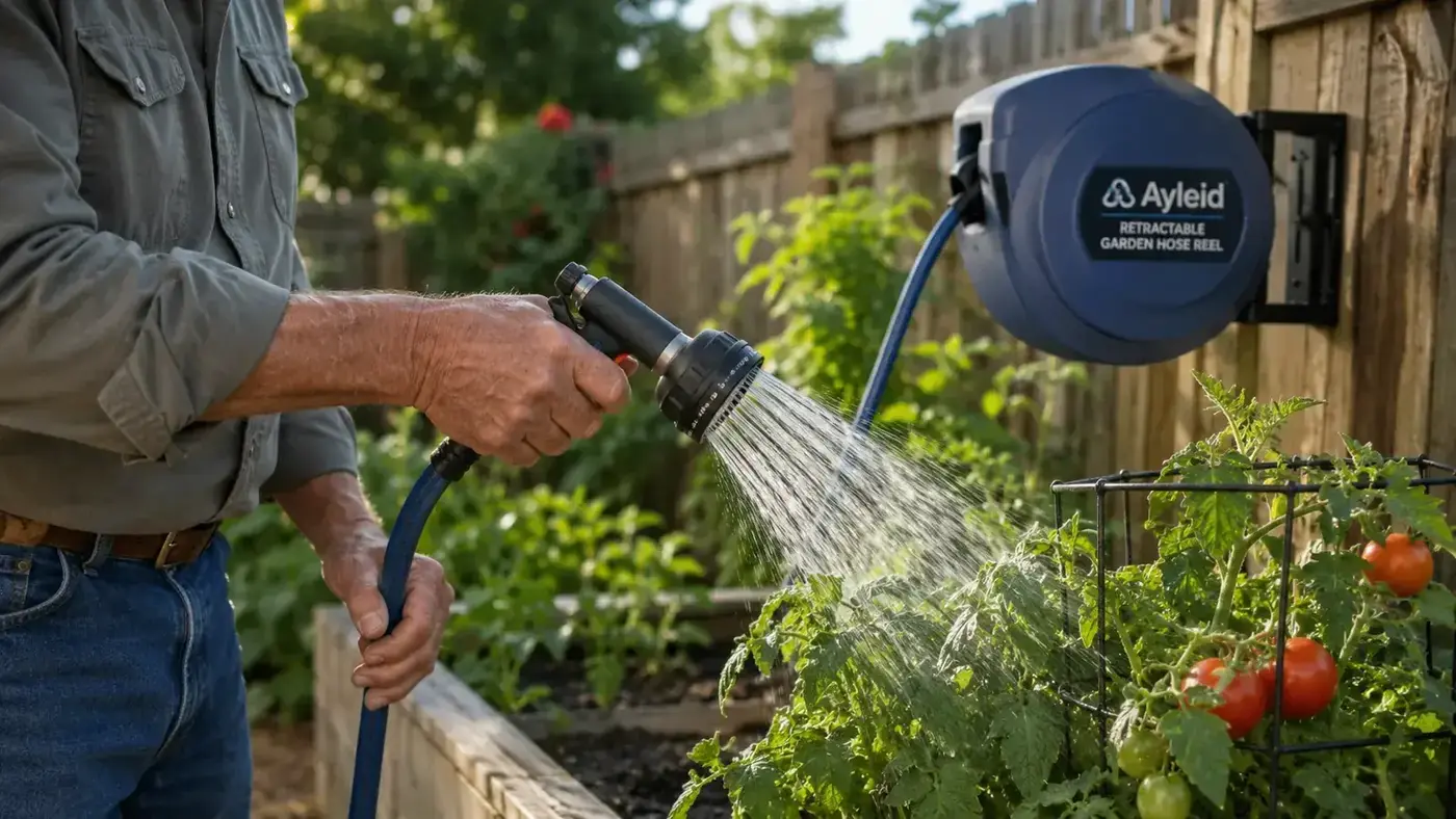 Older man's hand gripping a 9-pattern pistol-grip spray nozzle while watering a raised vegetable bed with a wall-mount hose reel visible in the background