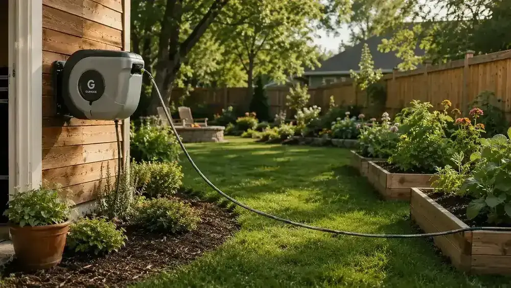 Wall-mount retractable hose reel on a wooden garage exterior wall, hose extending across a green lawn toward a flower bed in warm afternoon light