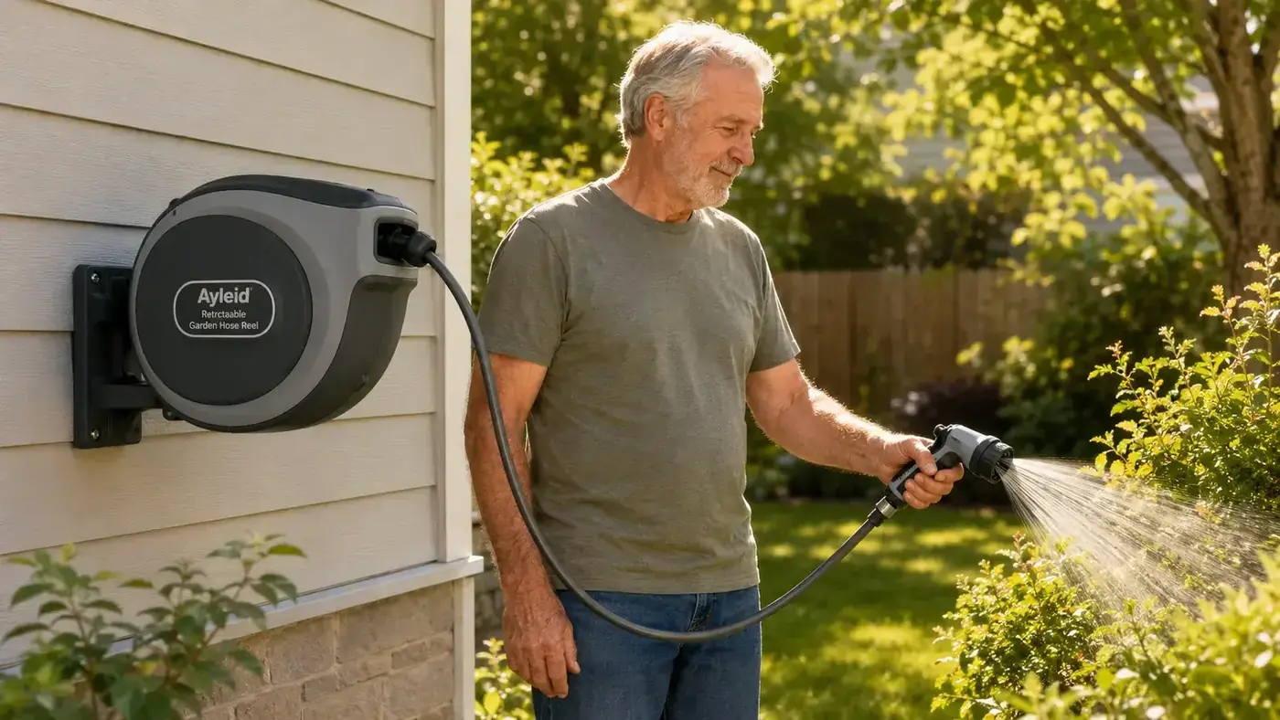 Older man using a stud finder on a garage wall before mounting a hose reel bracket