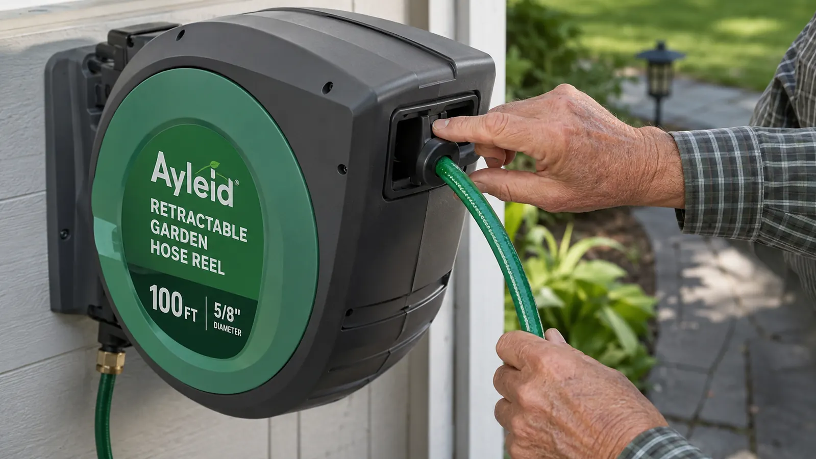 Older hand pressing the any-length lock lever on a wall-mounted retractable hose reel