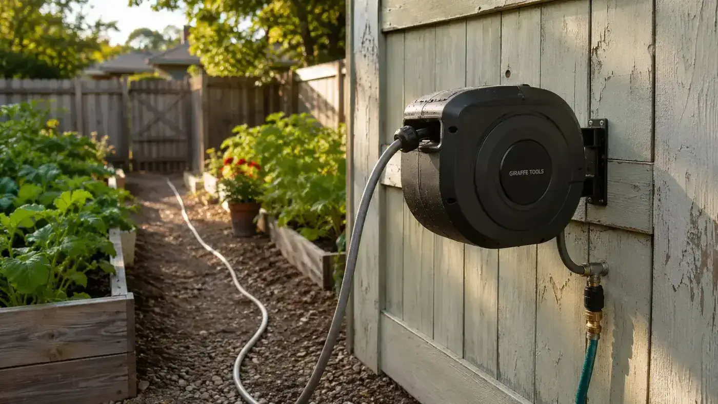 Retractable hose reel mounted on a painted wooden fence near a raised garden bed, hose pulled partway out in morning light