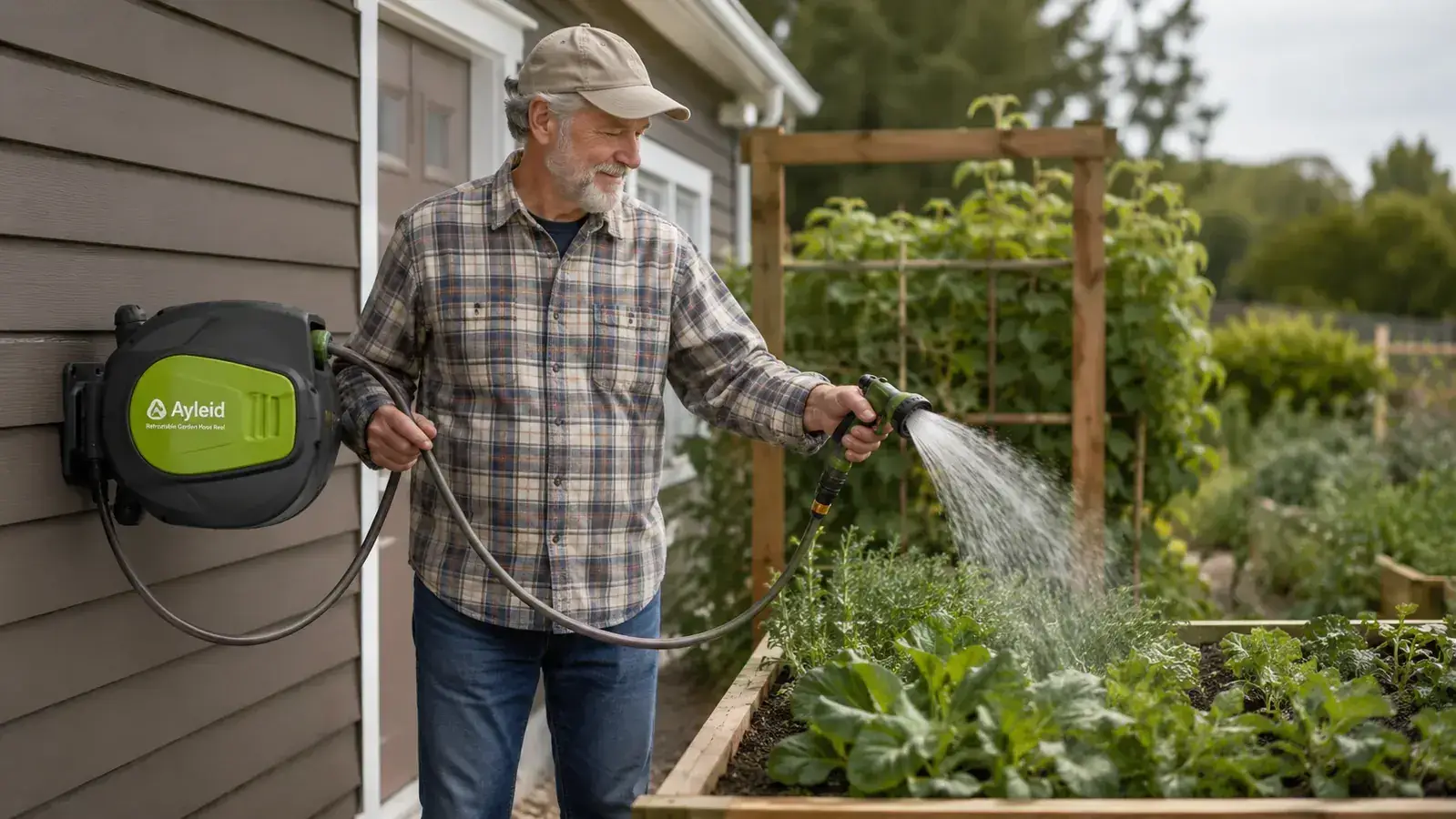 Older male homeowner pulling the hose from a wall-mounted Ayleid reel to water raised garden beds