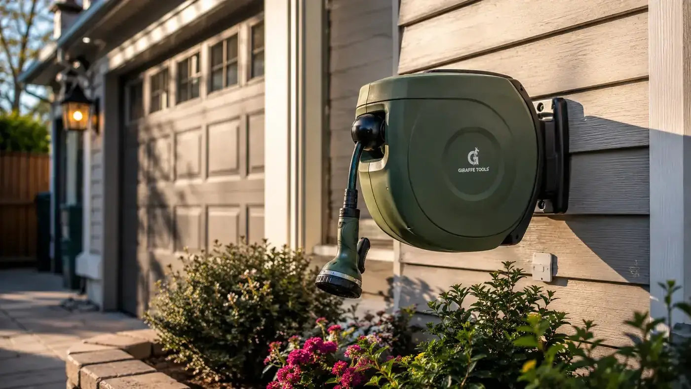 Wall-mounted retractable garden hose reel on a sunny garage exterior, hose fully retracted