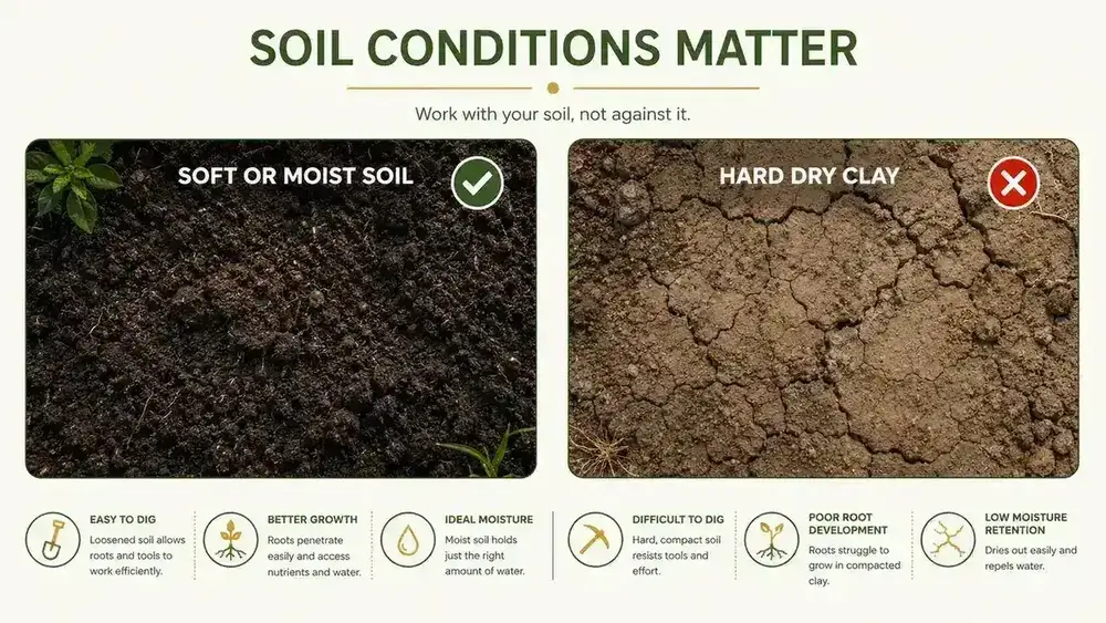 Side-by-side soil comparison chart showing soft moist garden soil on the left and cracked dry clay on the right with pass and fail labels
