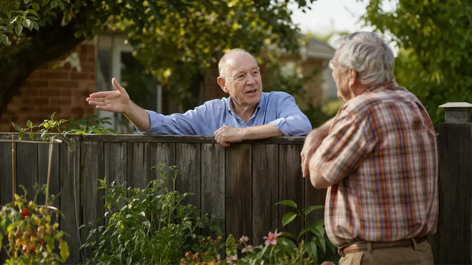 Retired man and neighbor talking over a backyard fence next to a garden bed, relaxed afternoon scene