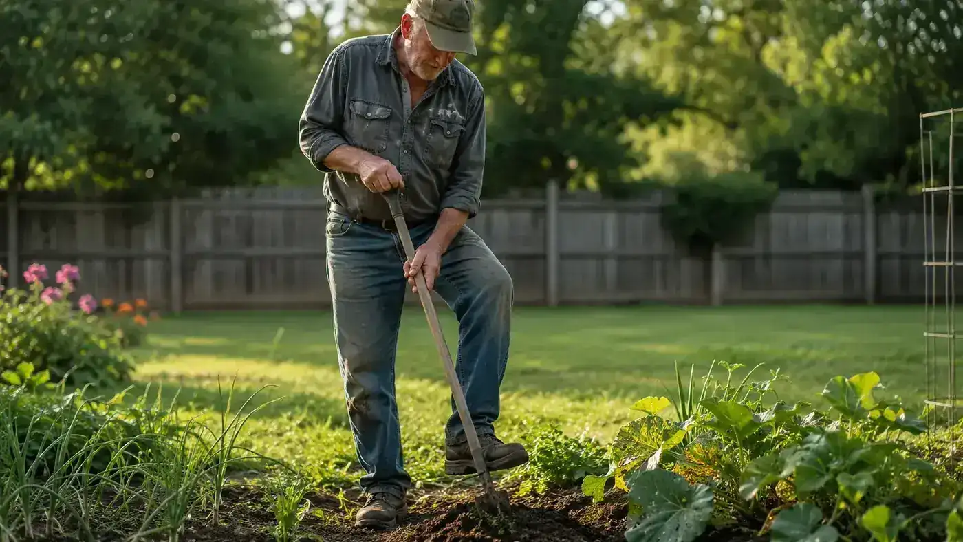 Older man standing upright in a backyard garden bed, using a long-handled stand-up weeder on a sunny morning