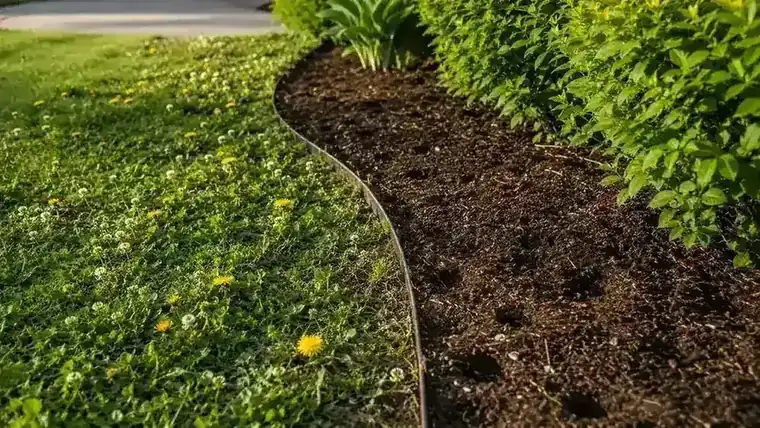 A backyard garden bed edge in summer with scattered weeds before and a clean edge after using the stand-up weeder