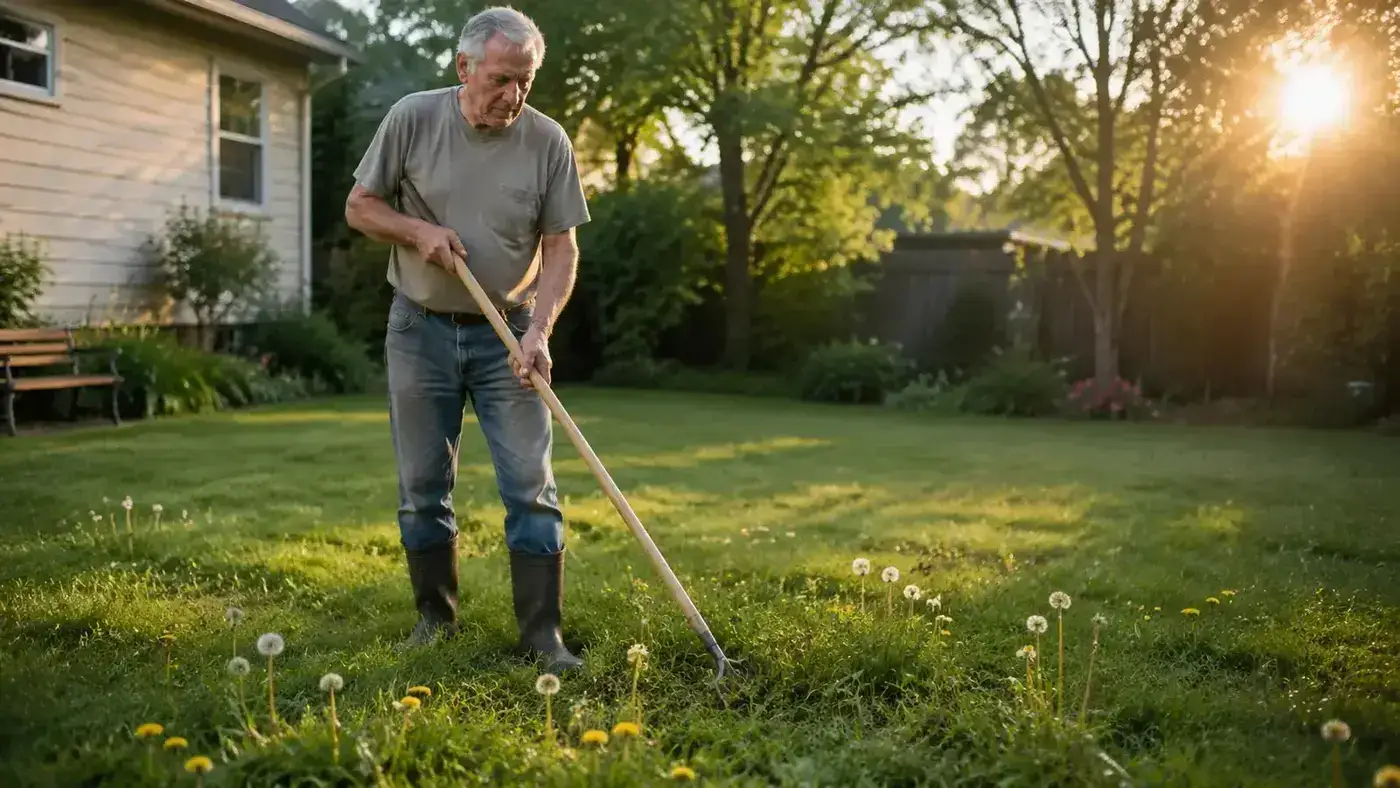 A person standing upright in a sunlit lawn, using a long-handled stand-up weed puller on dandelions without bending