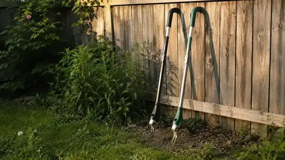 Two stand-up weed pullers side by side on a lawn with dandelions visible in the background