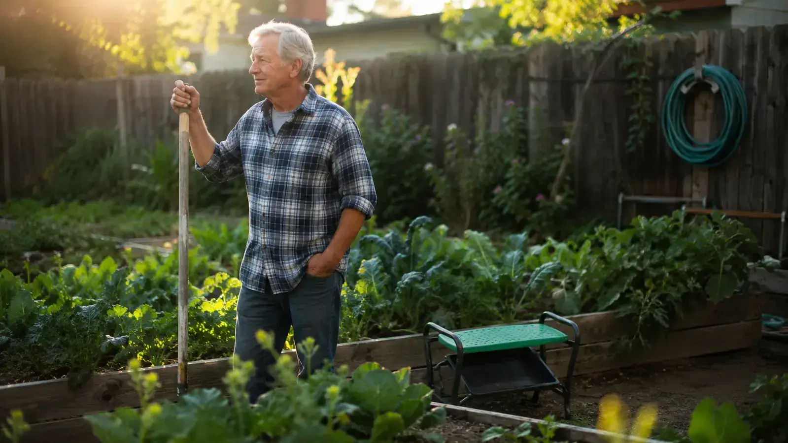 A lush backyard garden with raised beds and garden tools at hand, warm late-afternoon light, lived-in and well-tended