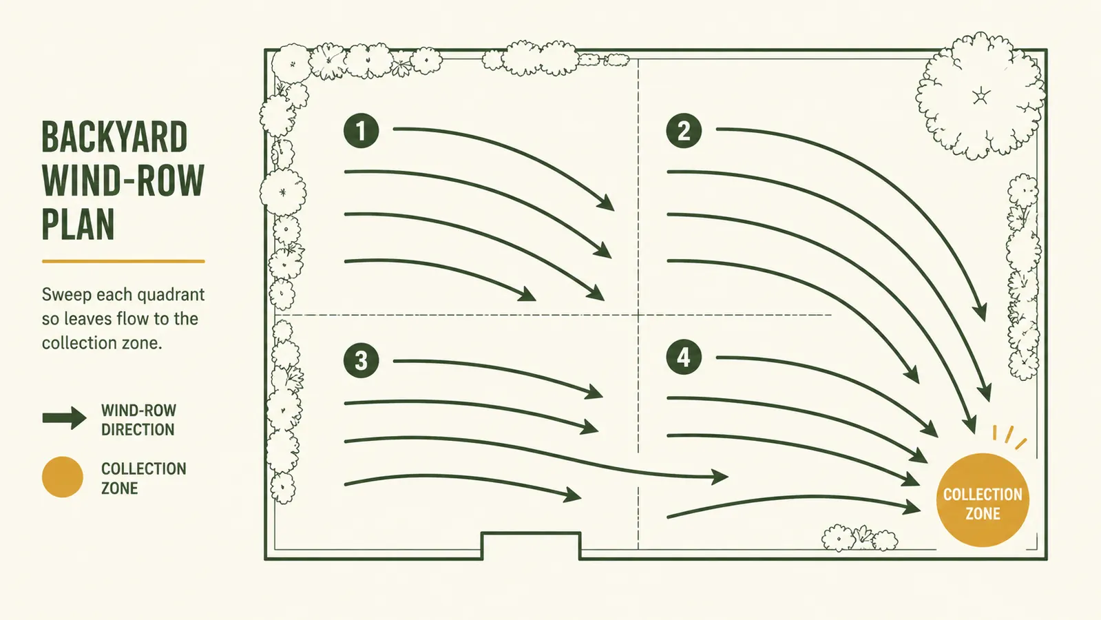 Overhead diagram showing a yard divided into four quadrants with arrows indicating the wind-rows sweeping pattern toward a single collection corner