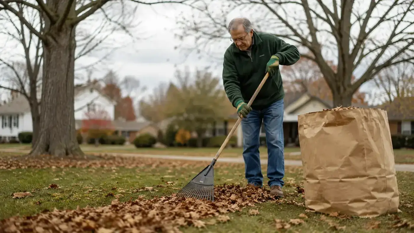 Man in garden gloves raking a windrow of leaves into a large paper lawn bag at the edge of a yard with bare oak trees in the background