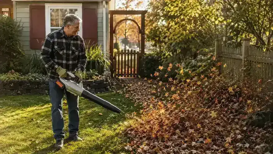 Retired man using a cordless leaf blower to clear a large pile of autumn leaves in a suburban backyard in soft morning light