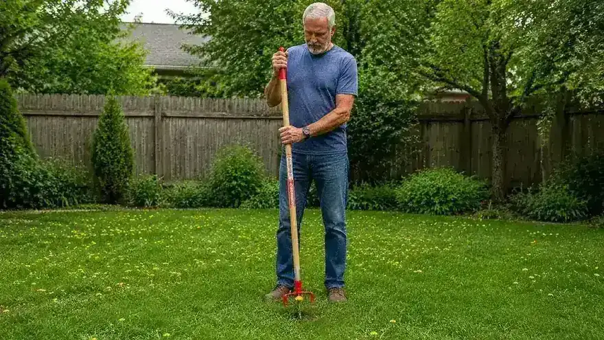 Hands pressing the foot pedal of a stand-up claw weeder into soil around a dandelion