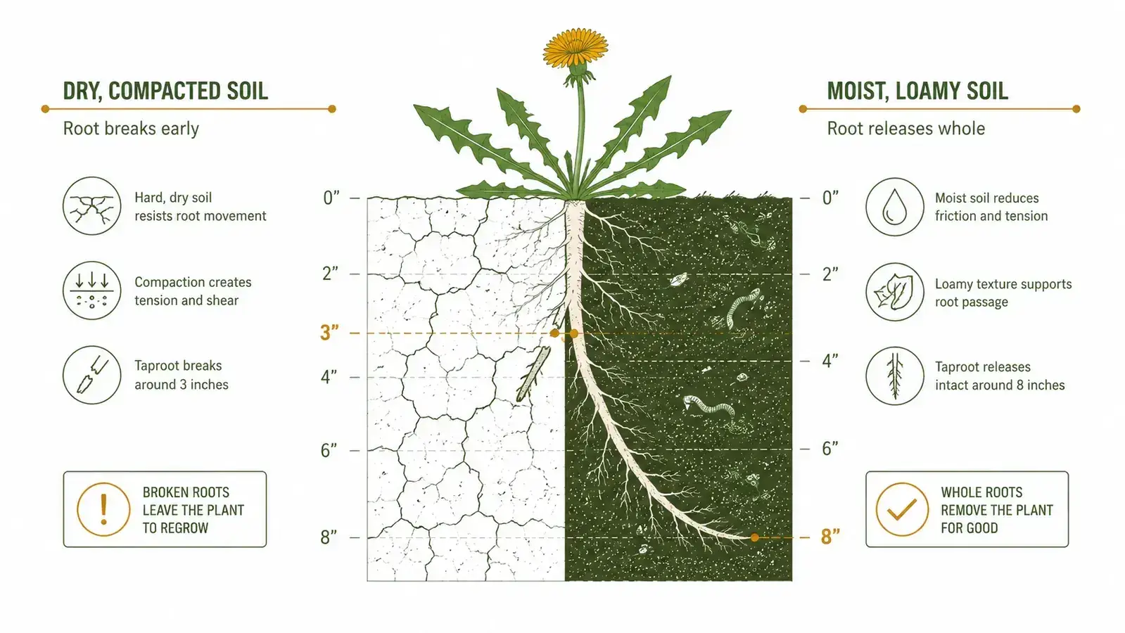 Diagram showing a dandelion taproot cross-section in dry soil versus moist soil, with depth labels