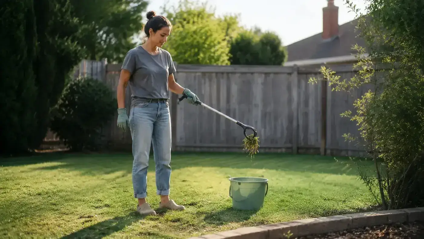 Person standing upright in a backyard yard, dispensing pulled weeds into a bucket from a stand-up weeder without bending