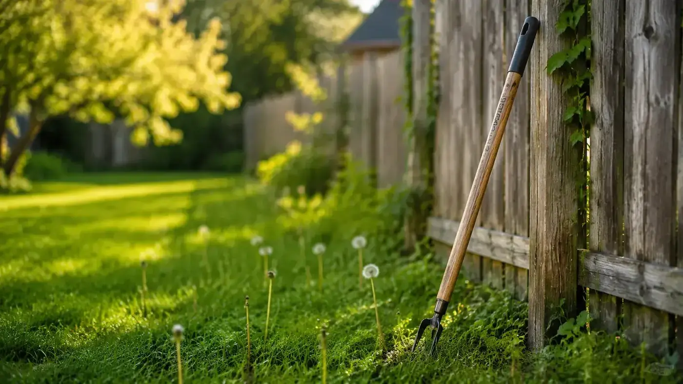 A green lawn in morning light with scattered dandelions, a long-handled stand-up weeder resting against a fence post