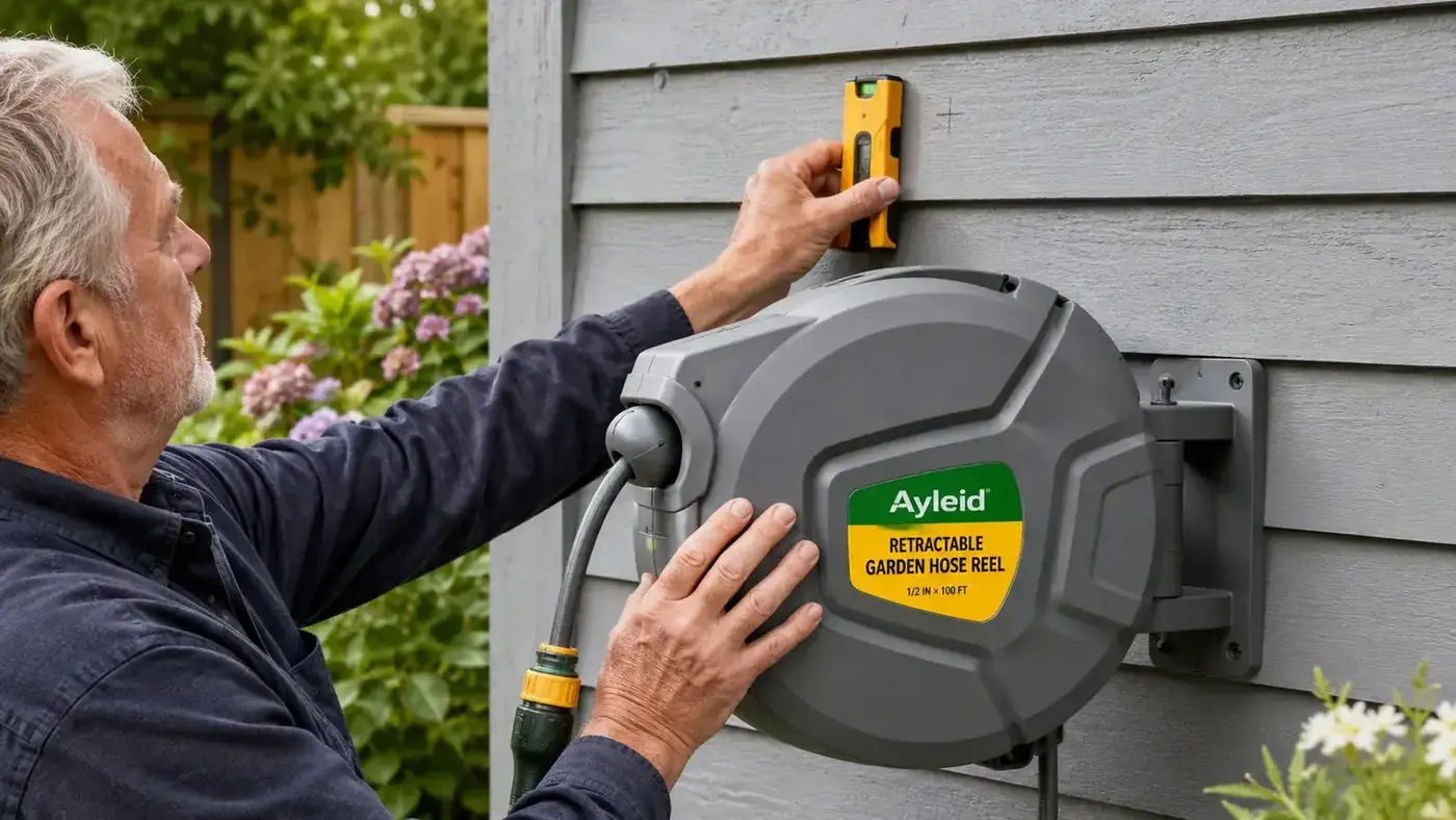A stud finder pressed against a wooden wall next to a pencil mark, showing the location before mounting a hose reel bracket