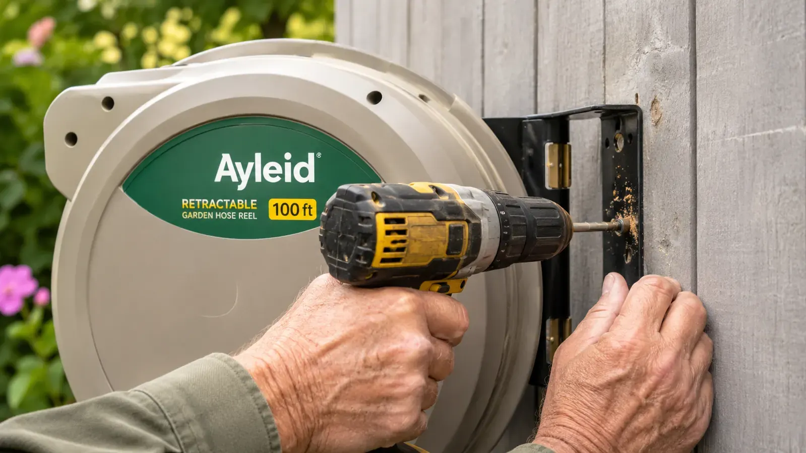 A person tightening lag screws into wall studs through a hose reel mounting bracket, using a cordless drill