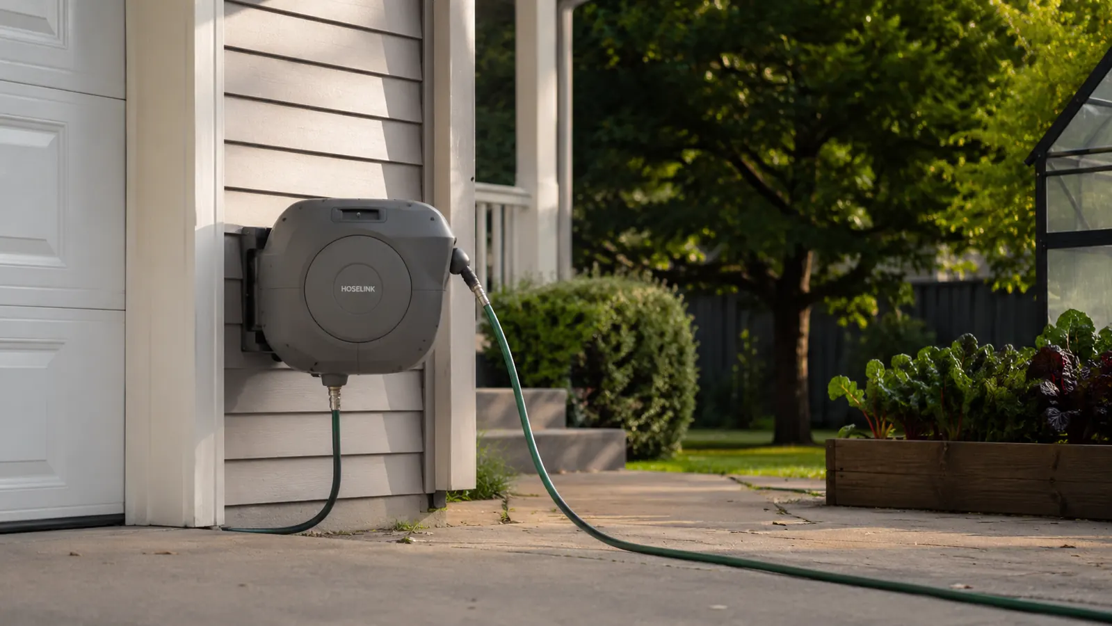 A wall-mount retractable hose reel installed on a wood-sided garage wall with a garden hose pulled out toward a flower bed in the foreground