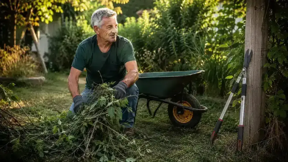 Gardener gathering freshly cut branches into a pile beside a wheelbarrow on a grass lawn, loppers leaning against a fence post