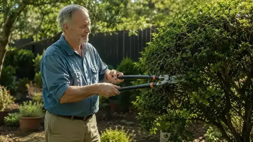 Older male gardener standing in a sunny backyard holding loppers at waist height, trimming an overgrown shrub branch on a clear morning