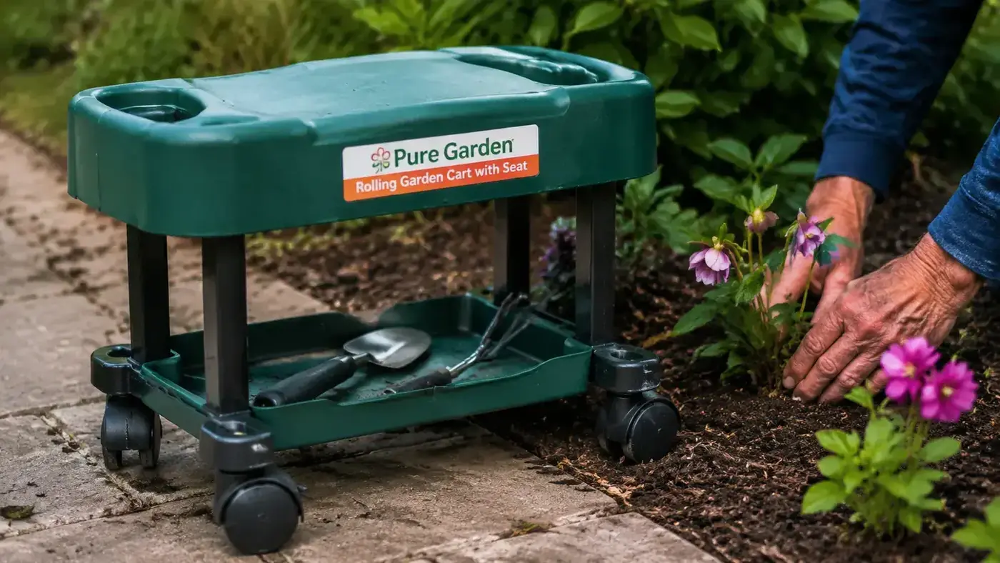 Pure Garden rolling garden cart with seat shown beside a garden bed, tool tray visible underneath