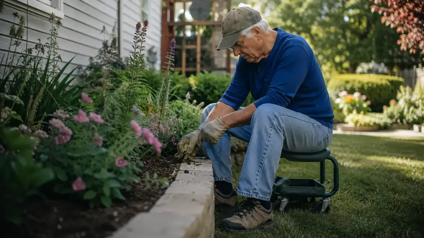 Older man sitting on a rolling green garden cart, weeding a raised bed along a sunny backyard border