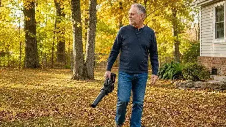 A man in his 60s holding a cordless leaf blower, standing in a backyard carpeted with fallen autumn leaves, warm morning light filtering through bare oak trees