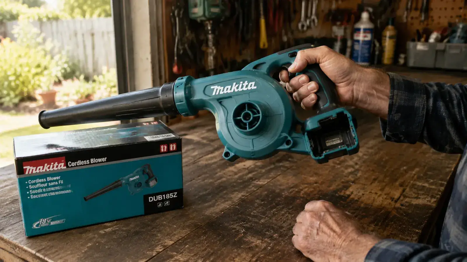 Hand holding the Makita DUB185Z cordless blower showing the bare tool with no battery installed