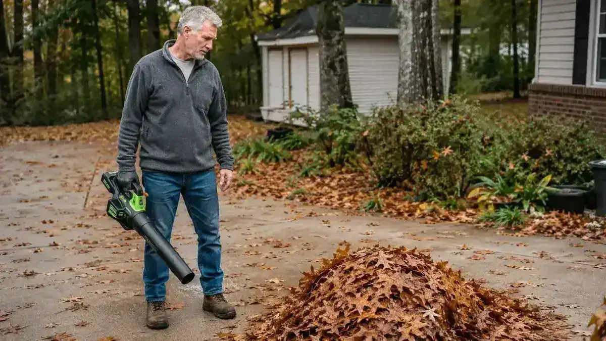 Older man standing on a leaf-covered driveway holding a compact cordless blower, overcast autumn morning