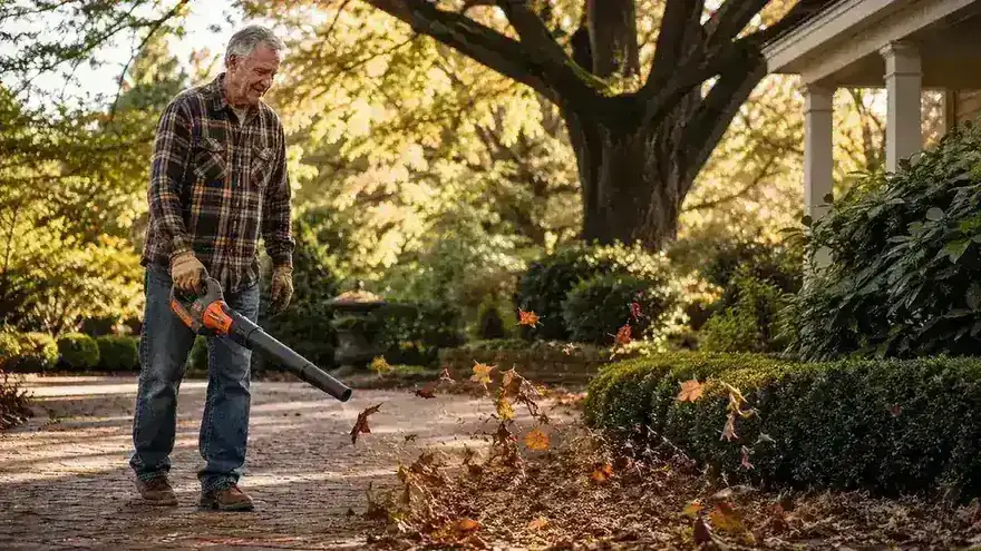 Older man holding a compact cordless leaf blower, clearing autumn leaves from a brick pathway in a backyard garden at golden hour