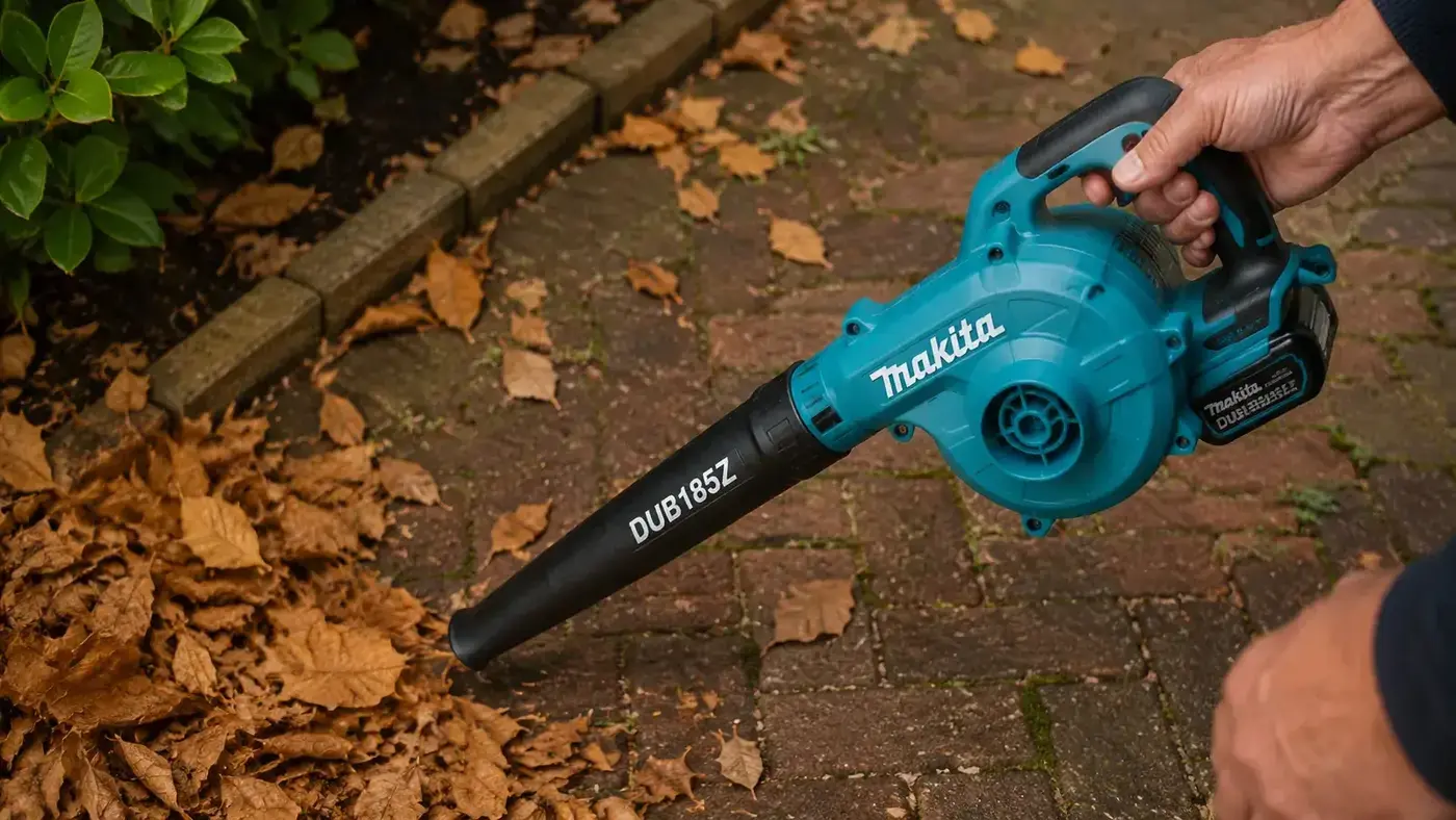 Makita DUB185Z cordless blower held one-handed over a pile of leaves on a brick patio