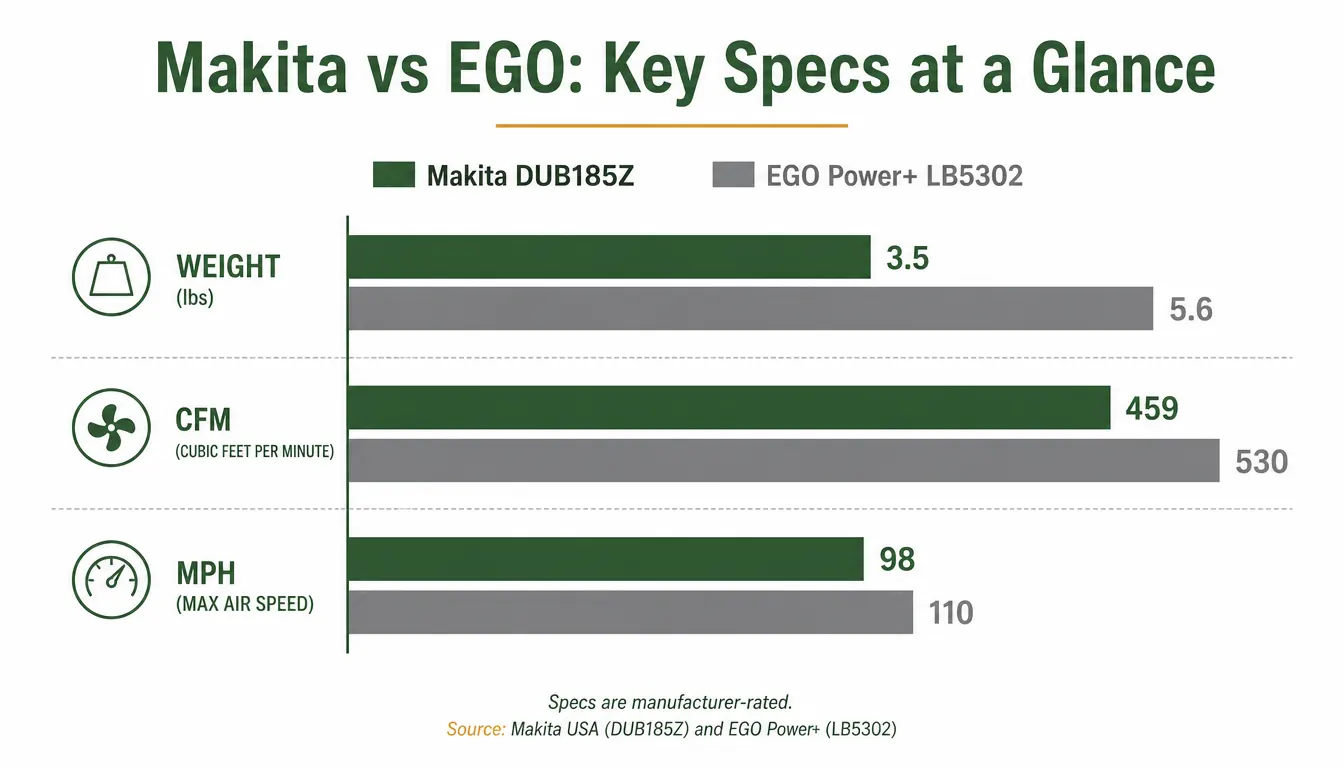Side-by-side weight and CFM comparison chart for Makita DUB185Z and EGO handheld blower