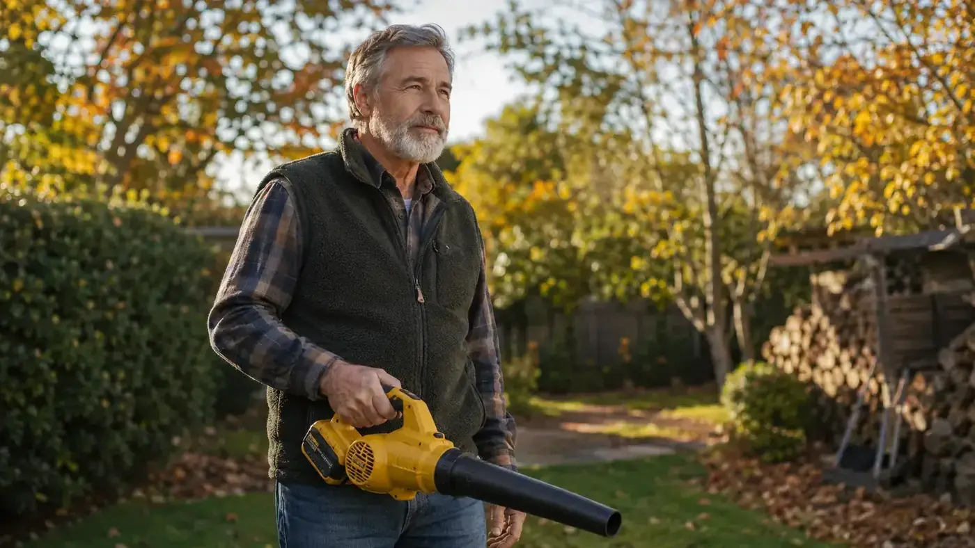 Man holding a cordless leaf blower while clearing autumn leaves from a backyard path