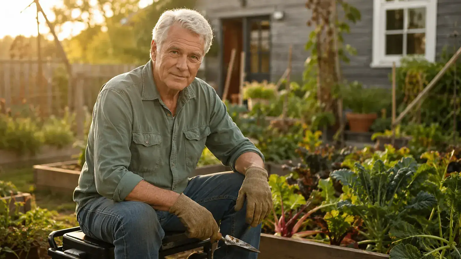 Older man seated on a rolling garden stool tending low flower beds in a sunny backyard, morning light, relaxed posture