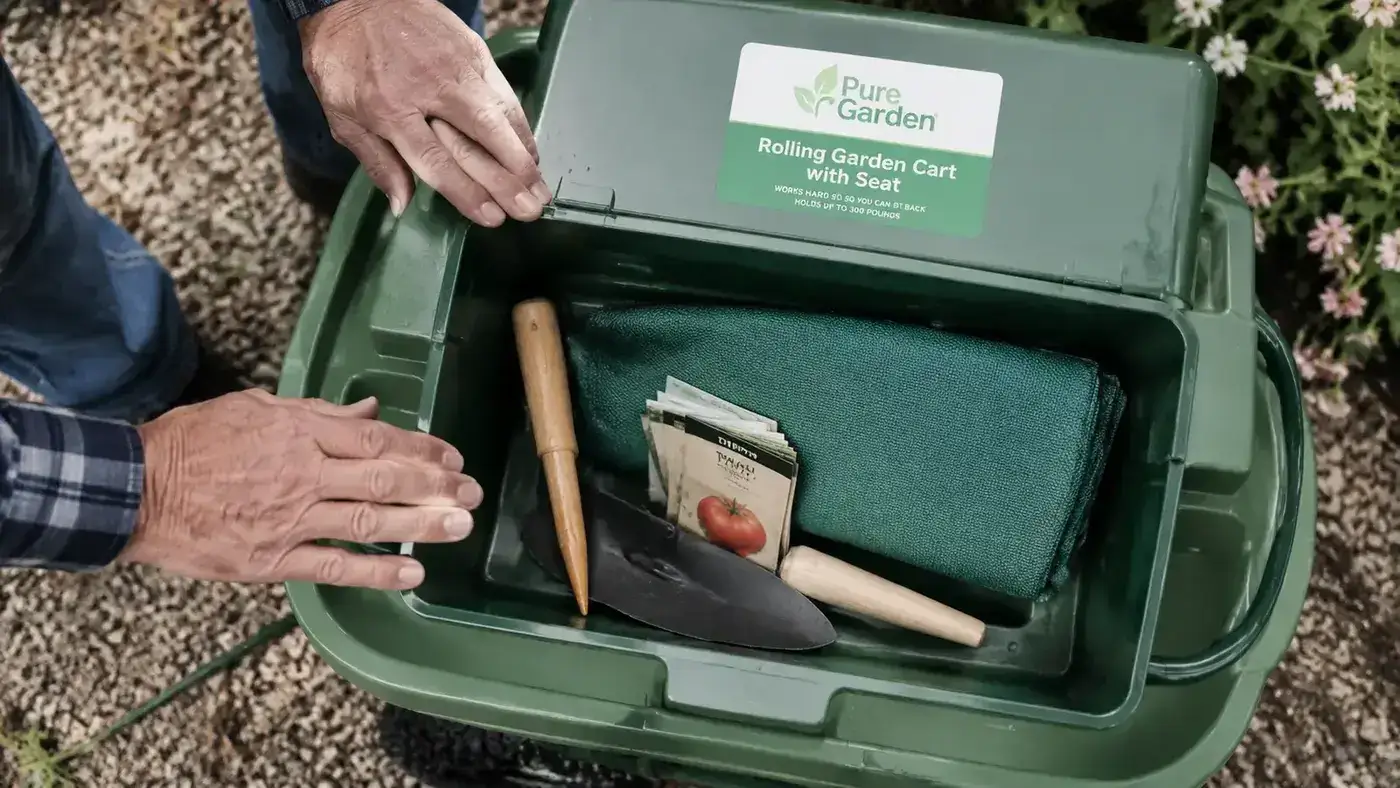 Plastic storage tray of the rolling garden seat holding small hand tools, seed packets, and a knee pad